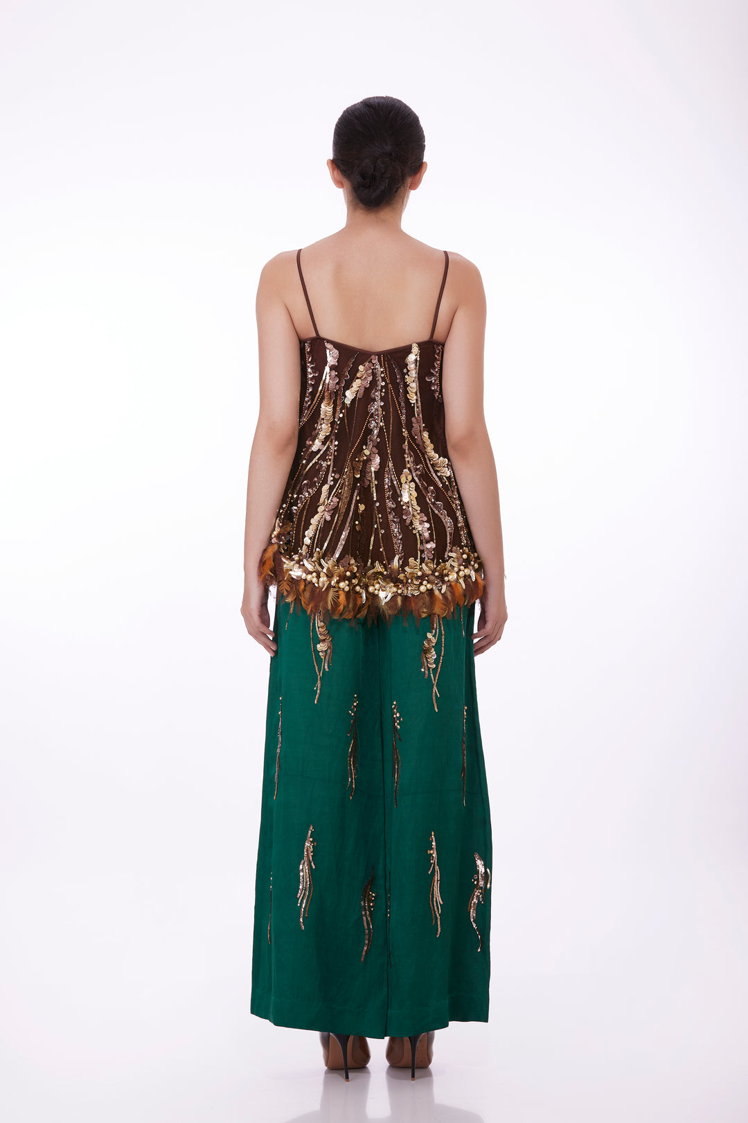 Green sequins drawstring trouser