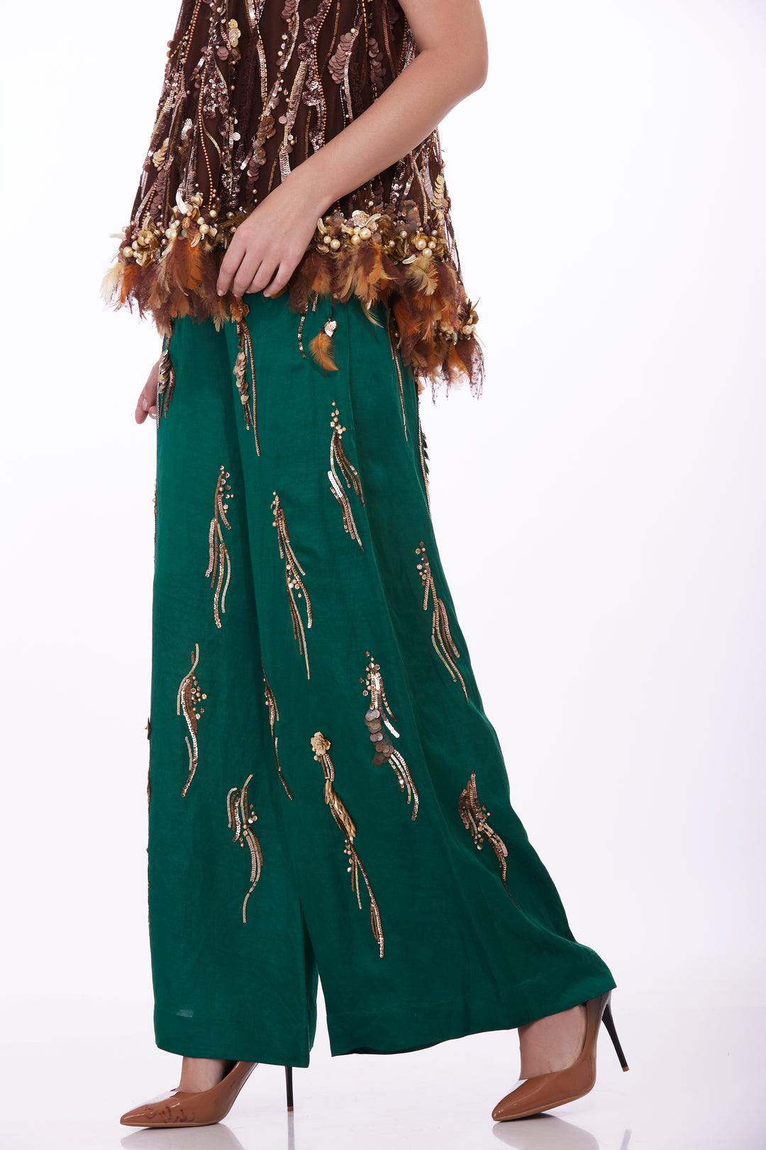 Green sequins drawstring trouser