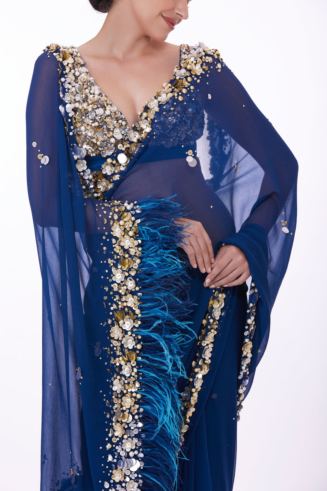 Blue chiffon sari with gold/silver sequin border/ feather pallu