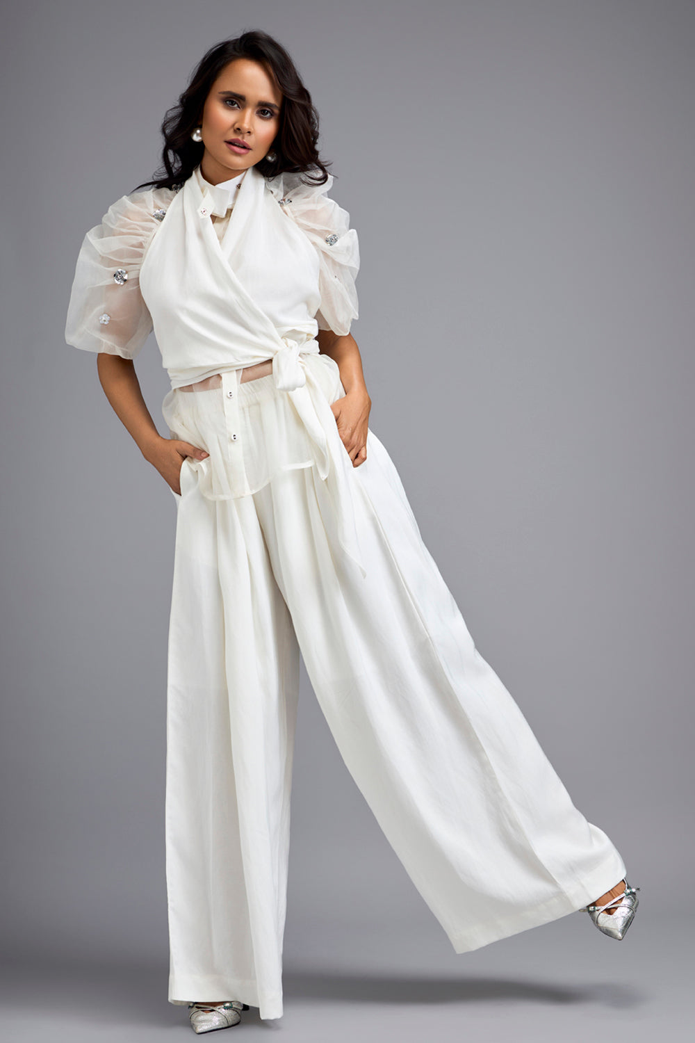 White High-Neck Blouse with Wide-Leg Trousers