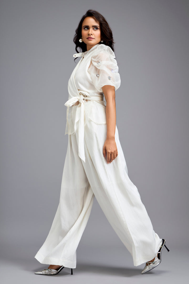 White High-Neck Blouse with Wide-Leg Trousers