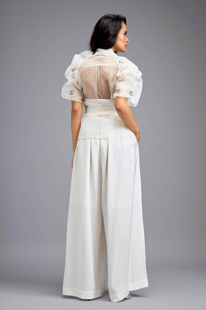 White High-Neck Blouse with Wide-Leg Trousers