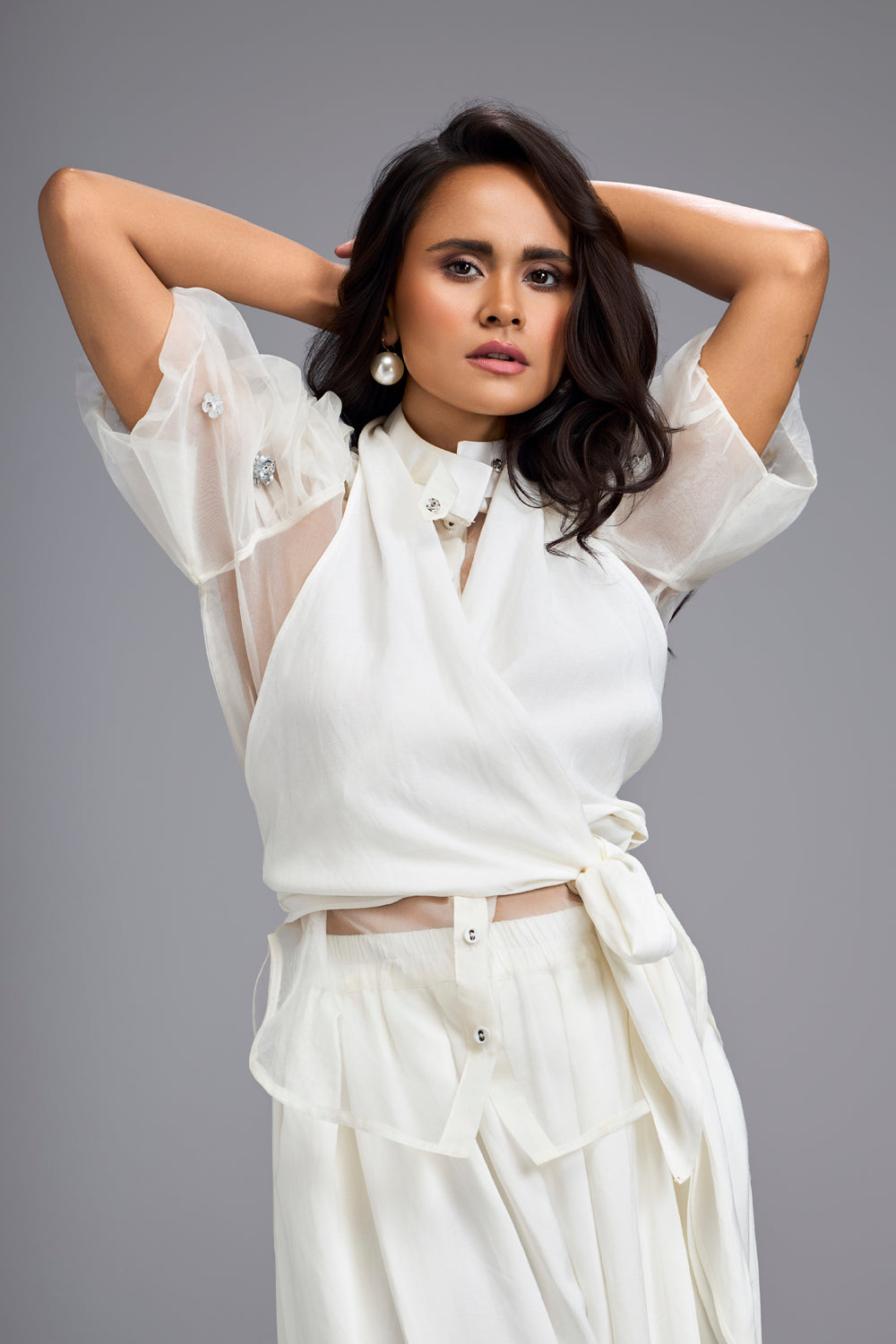 White High-Neck Blouse with Wide-Leg Trousers