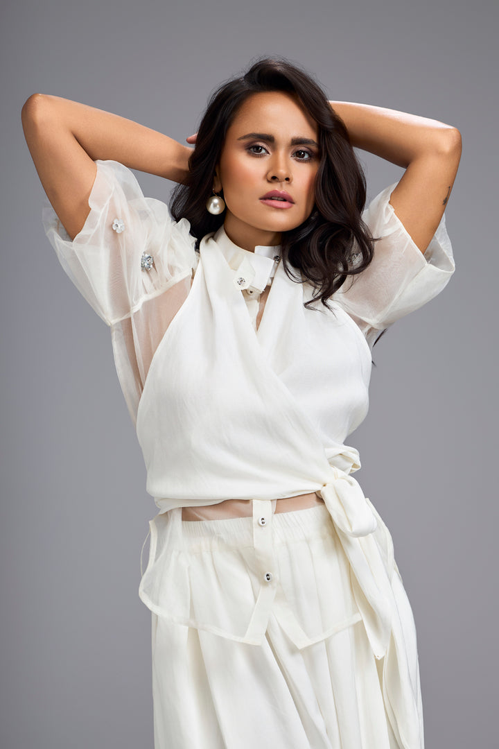 White High-Neck Blouse with Wide-Leg Trousers
