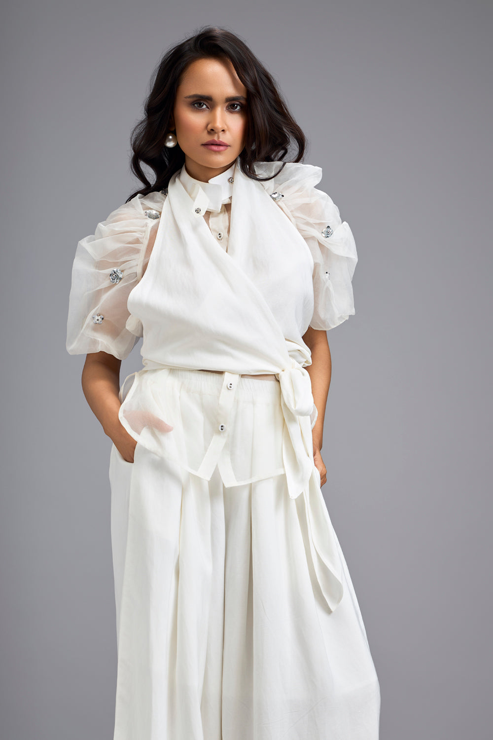 White High-Neck Blouse with Wide-Leg Trousers