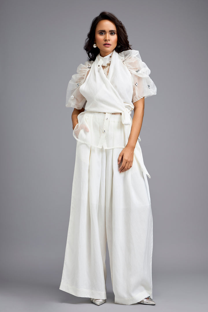 White High-Neck Blouse with Wide-Leg Trousers