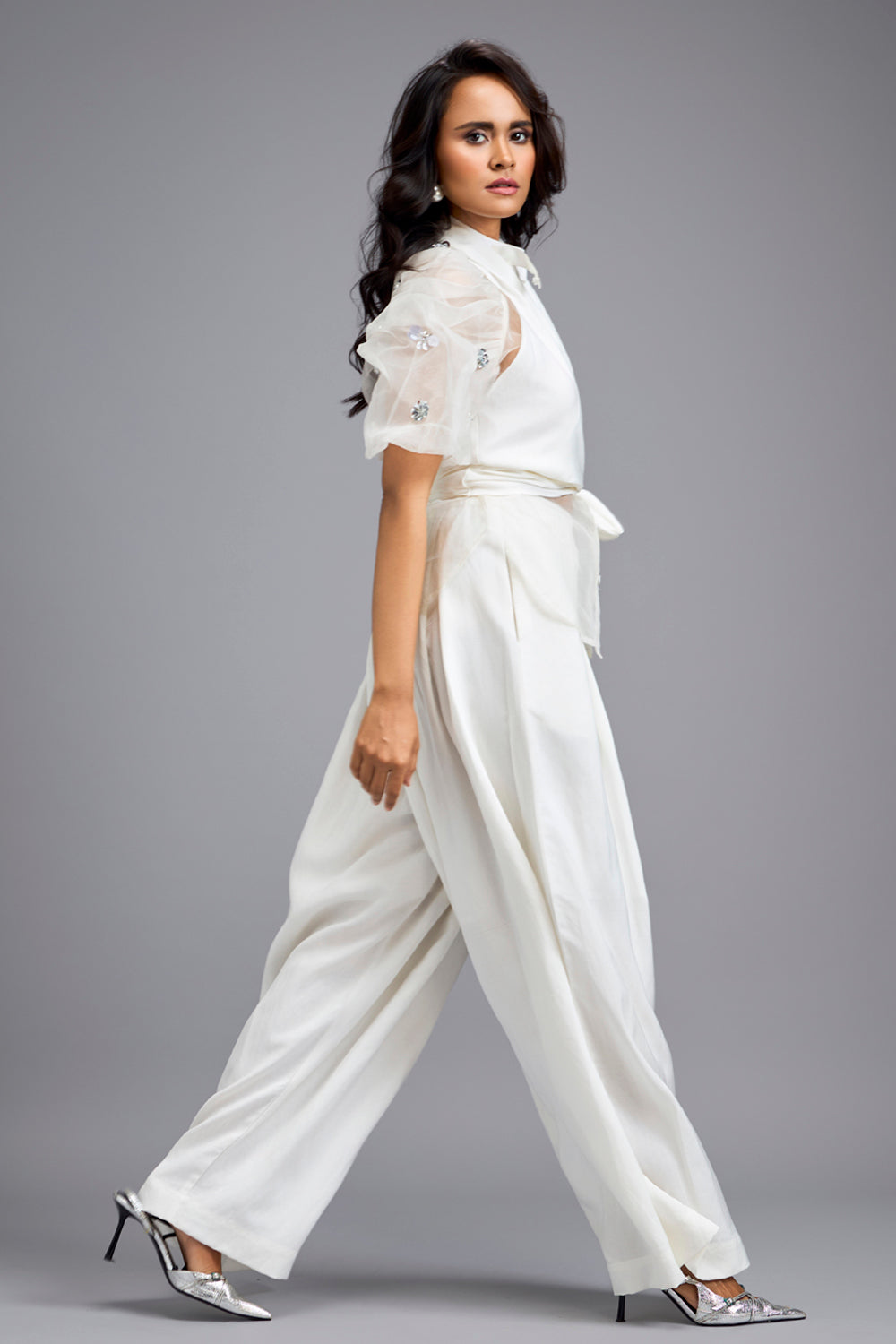 White High-Neck Blouse with Wide-Leg Trousers