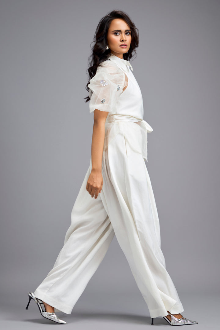 White High-Neck Blouse with Wide-Leg Trousers