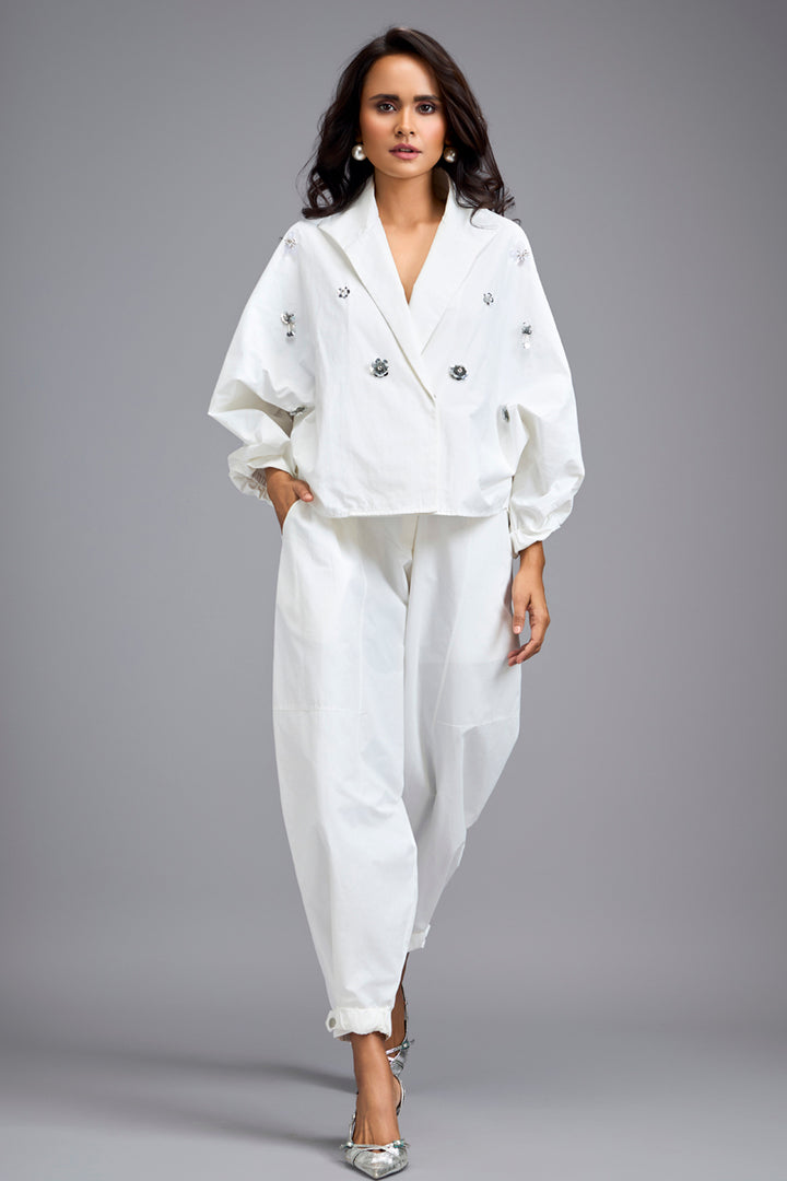 White Cropped Embellished Blazer With Drop Pants