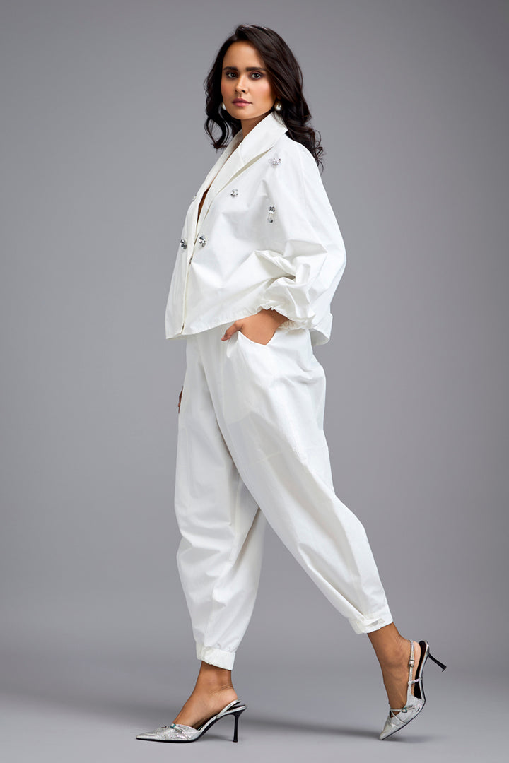 White Cropped Embellished Blazer With Drop Pants