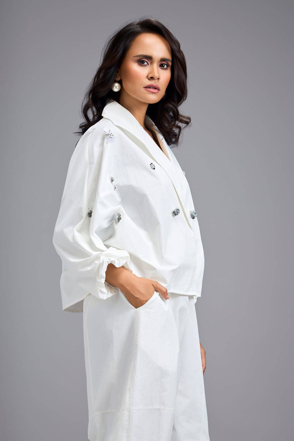 White Cropped Embellished Blazer With Drop Pants