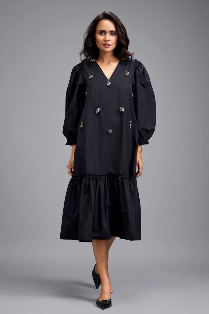 Black Long Gathered Hem Dress