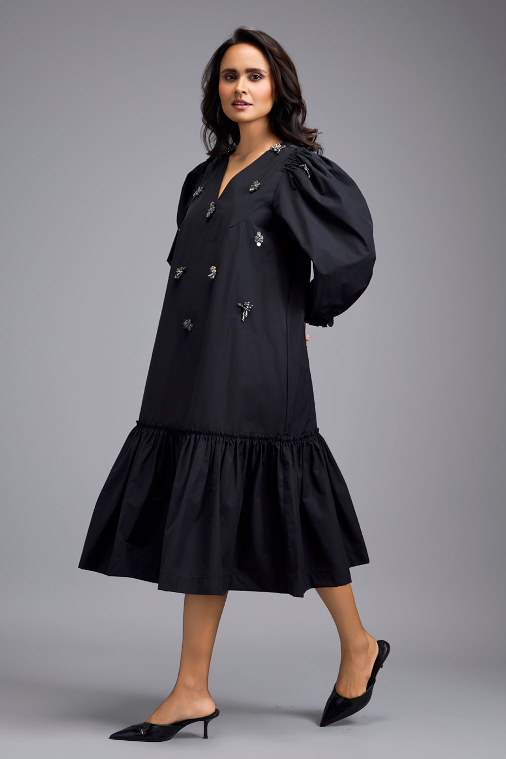 Black Long Gathered Hem Dress