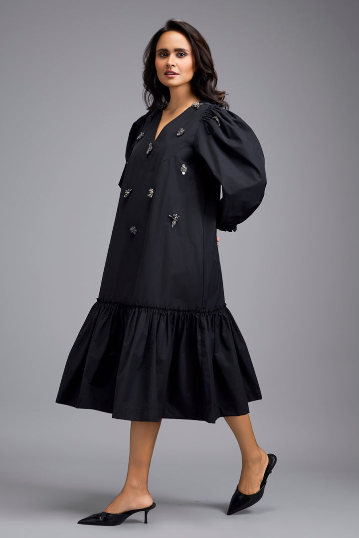 Black Long Gathered Hem Dress