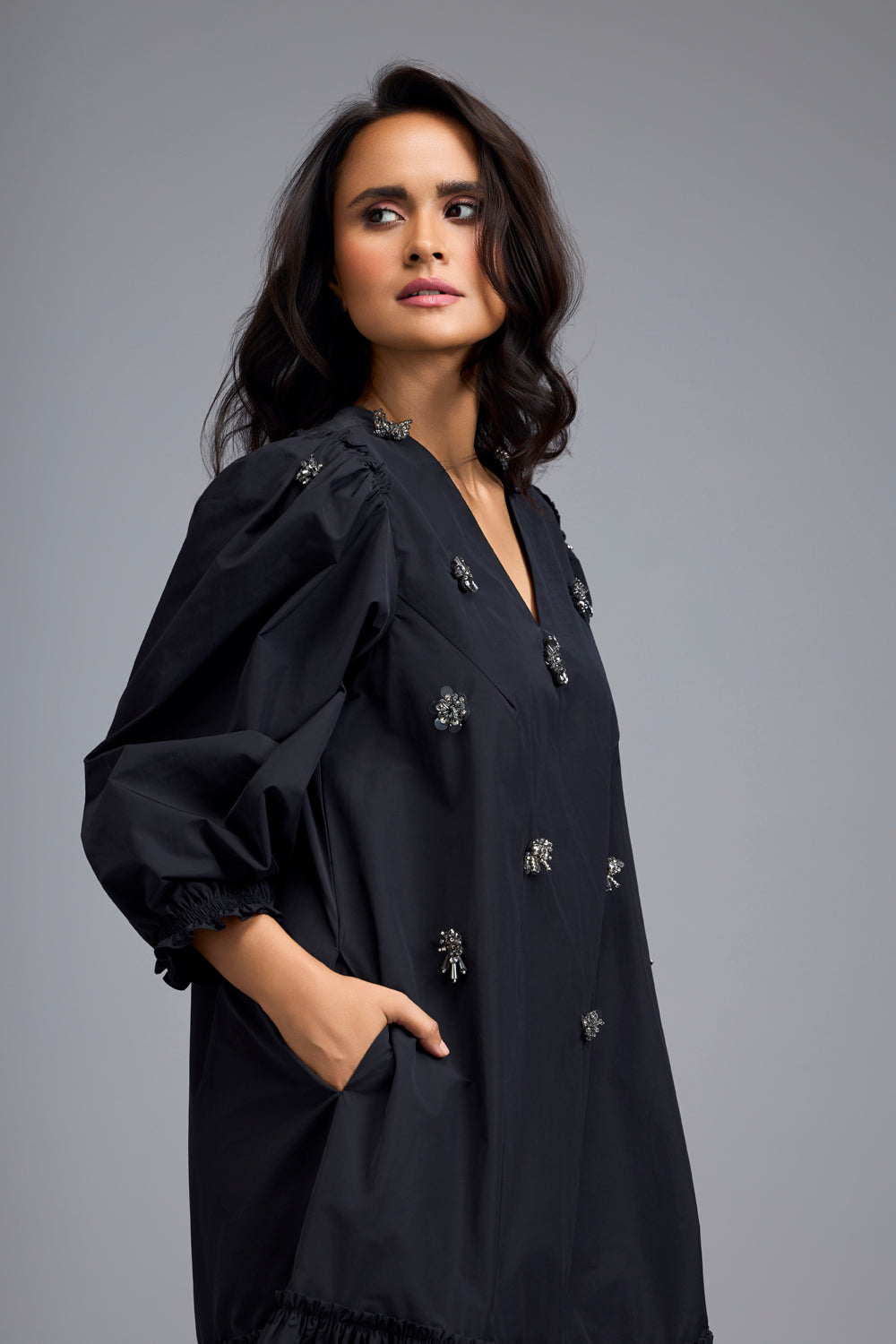 Black Long Gathered Hem Dress