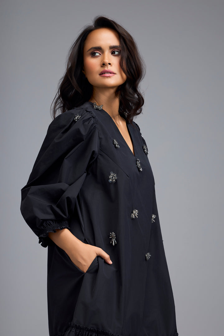 Black Long Gathered Hem Dress