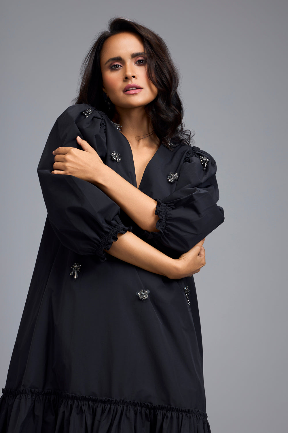 Black Long Gathered Hem Dress