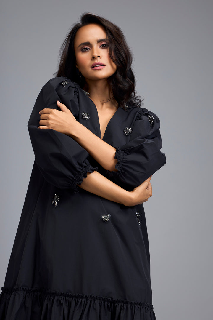 Black Long Gathered Hem Dress