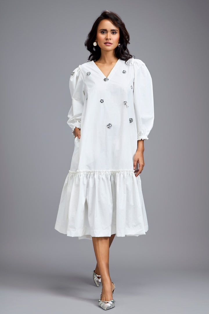 White Long Gathered Hem Dress