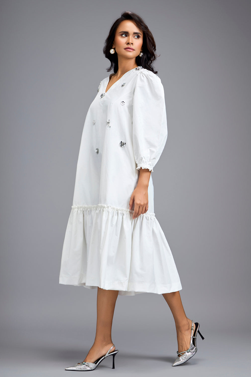White Long Gathered Hem Dress