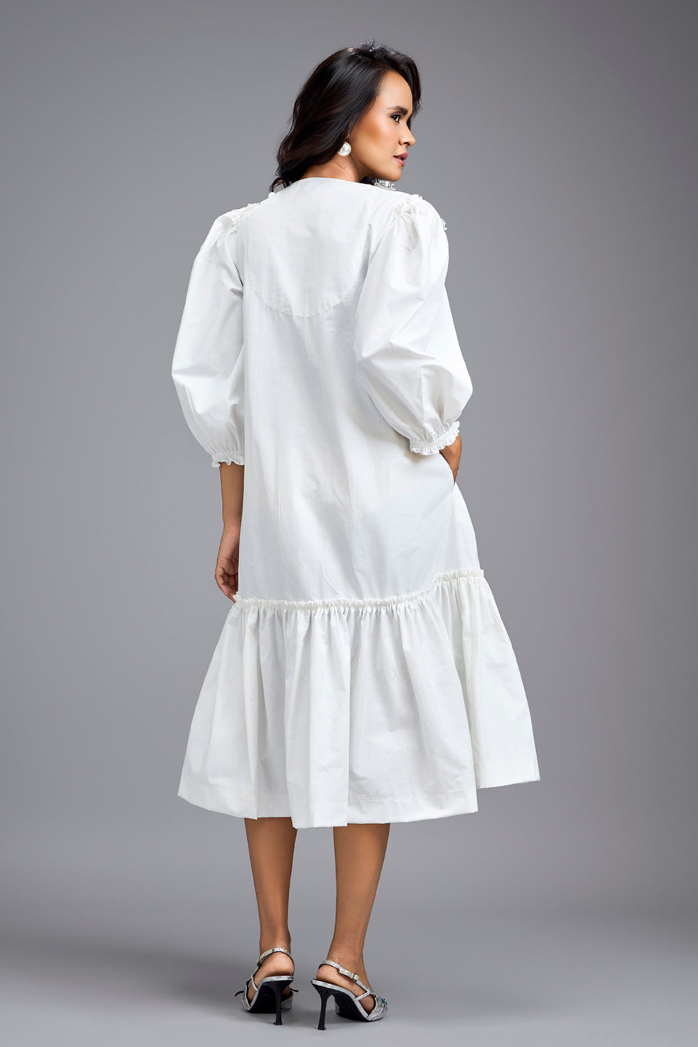 White Long Gathered Hem Dress