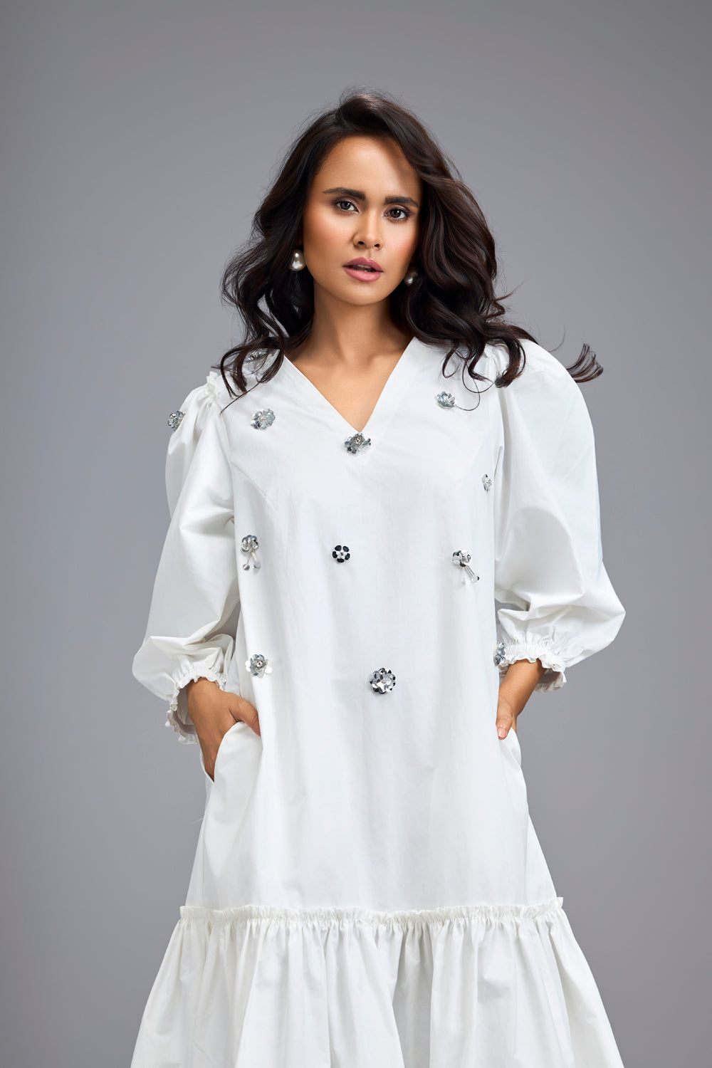 White Long Gathered Hem Dress