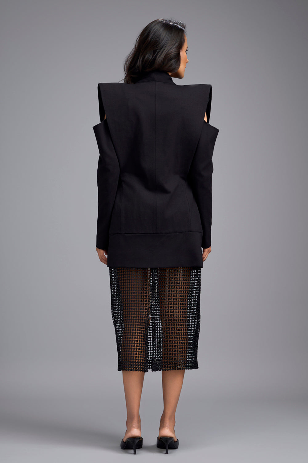 Black Cold Shoulder Blazer & Skirt Set