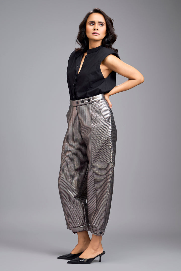 Gunmetal Metallic Pants With Quilting