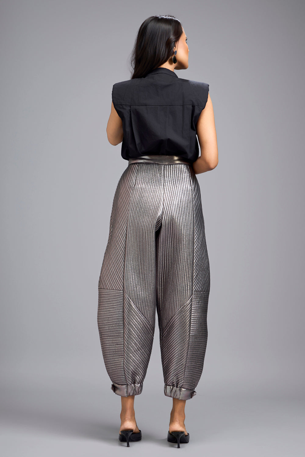 Gunmetal Metallic Pants With Quilting