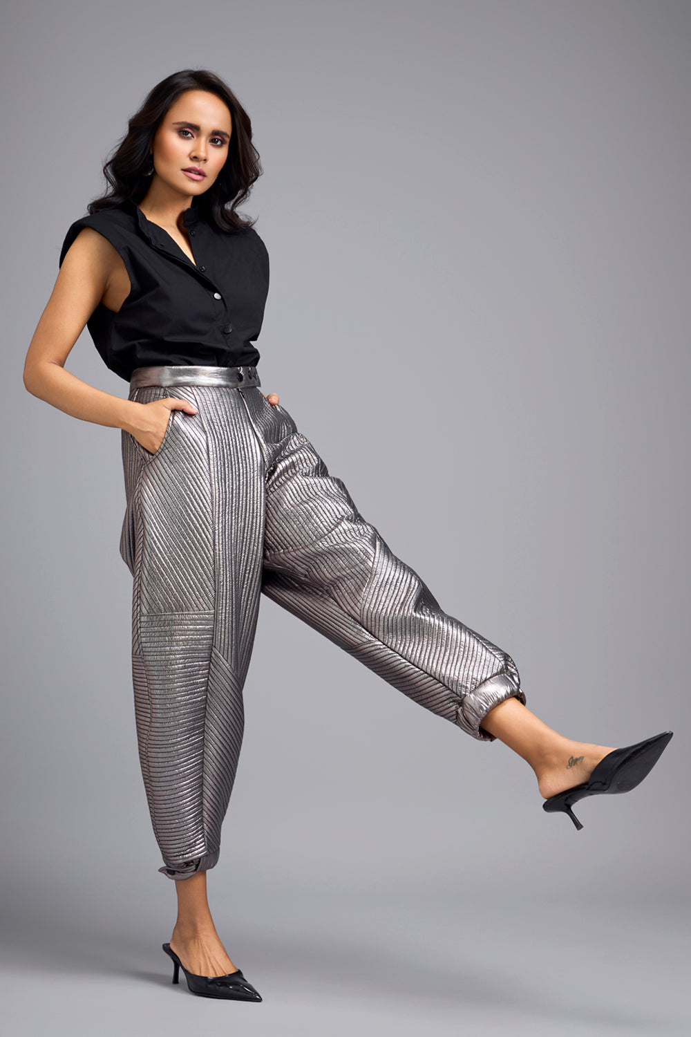 Gunmetal Metallic Pants With Quilting