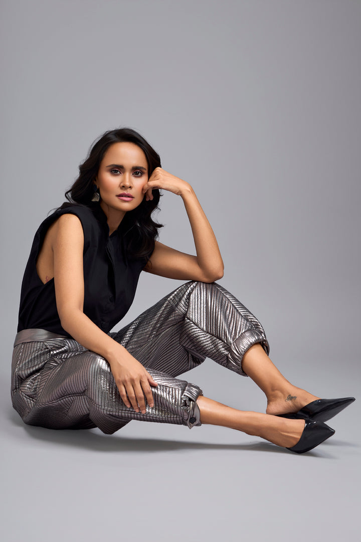 Gunmetal Metallic Pants With Quilting
