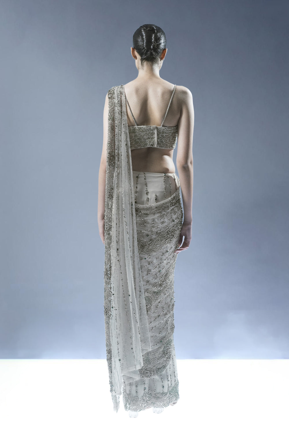 Ecru Crystal Embellished Pre-Draped Saree