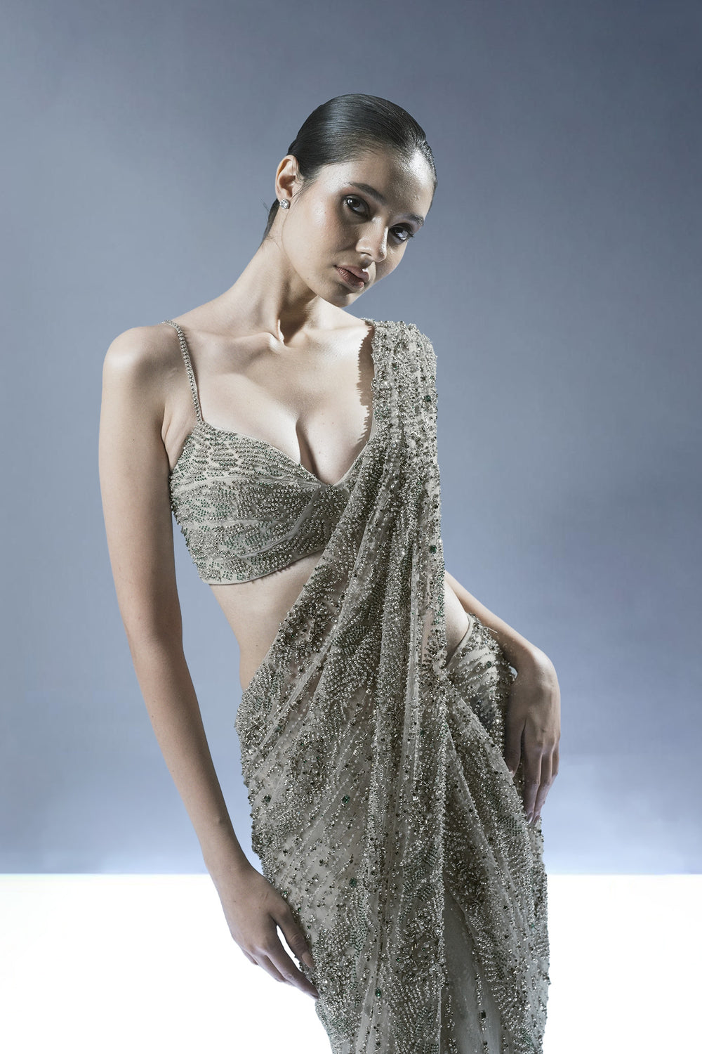 Ecru Crystal Embellished Pre-Draped Saree