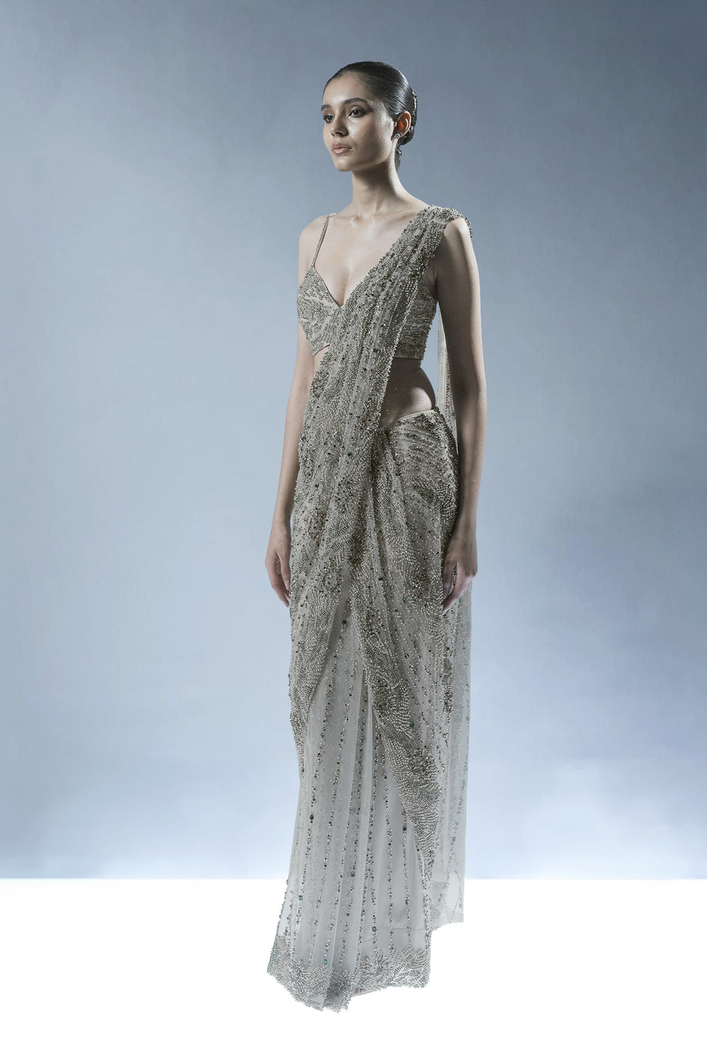 Ecru Crystal Embellished Pre-Draped Saree