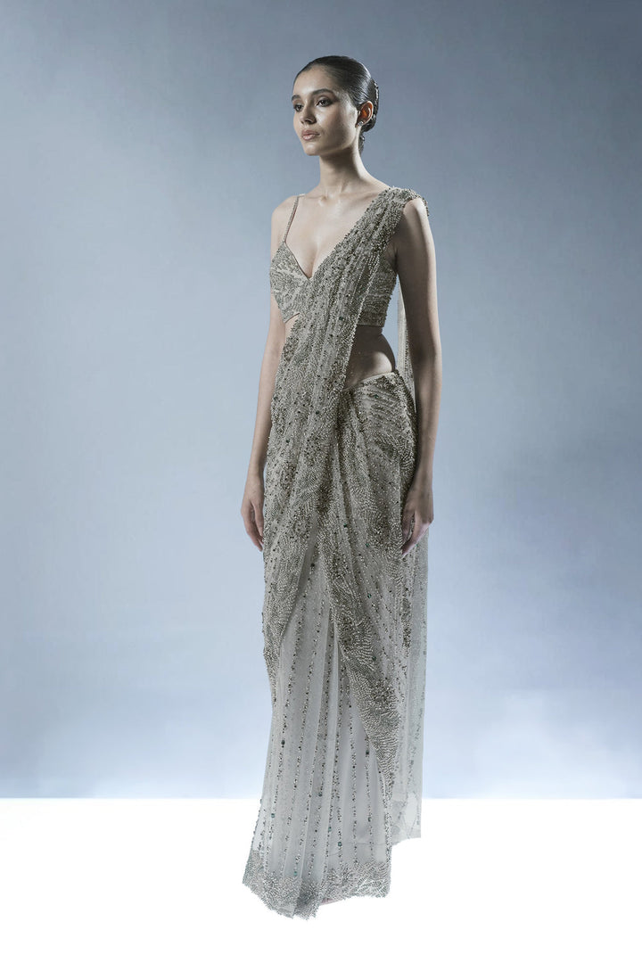Ecru Crystal Embellished Pre-Draped Saree