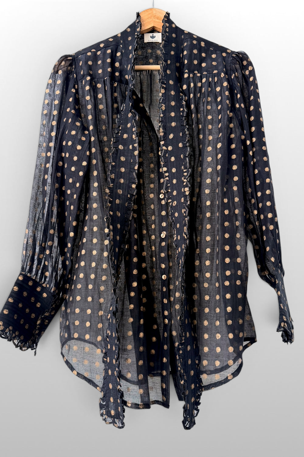 Victorian Gold printed Frill Shirt with a Tie - Black Cotton Silk Sheer Blouse