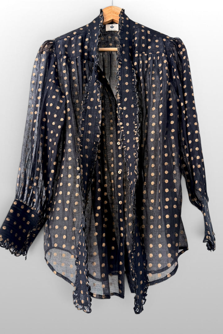 Victorian Gold printed Frill Shirt with a Tie - Black Cotton Silk Sheer Blouse