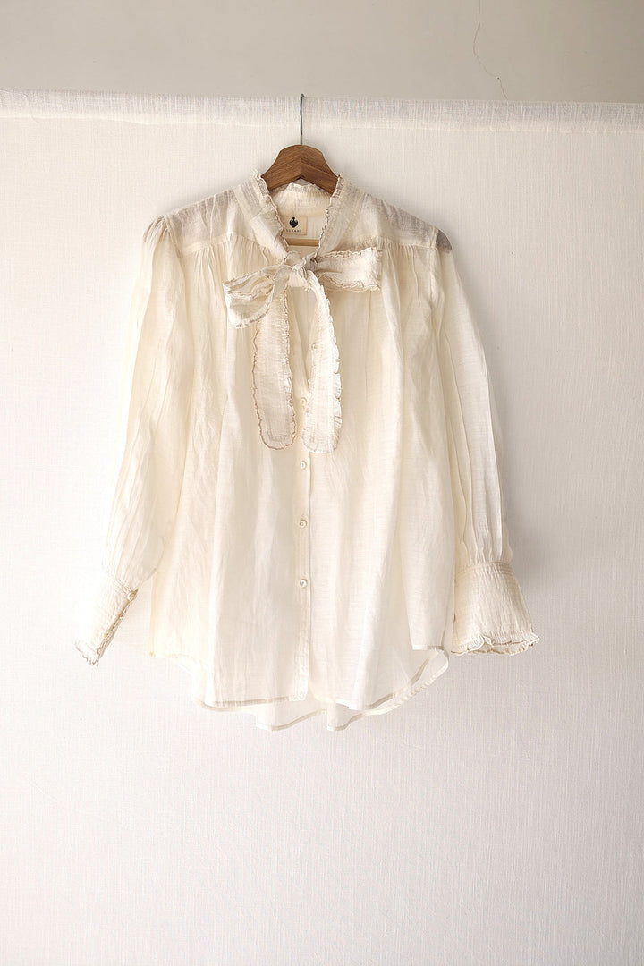 Victorian Frill Shirt with a Tie - Ivory Cotton Silk Sheer Blouse