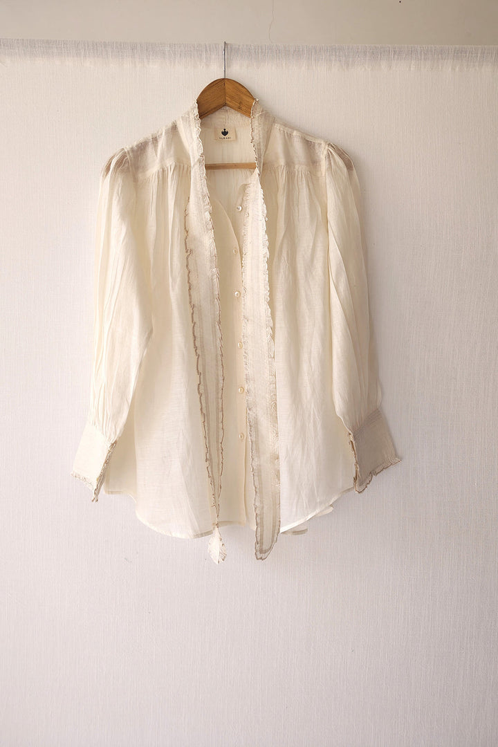 Victorian Frill Shirt with a Tie - Ivory Cotton Silk Sheer Blouse