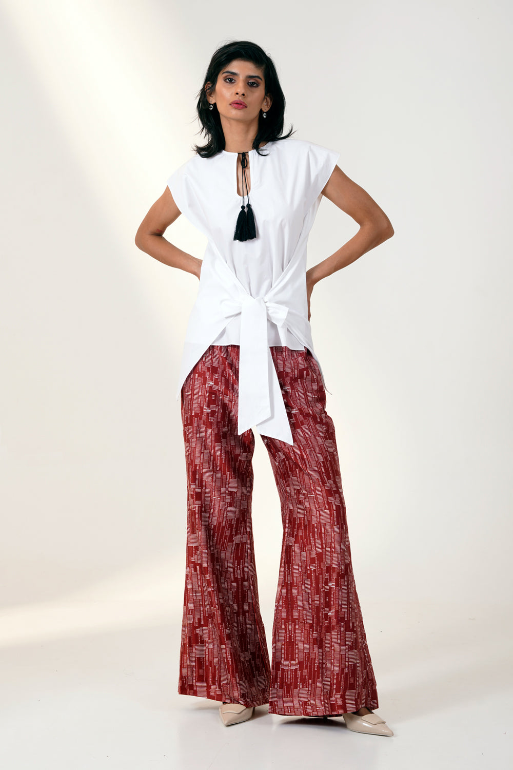 Martina Ii Bow Clutch Top With Printed Bell Bottoms