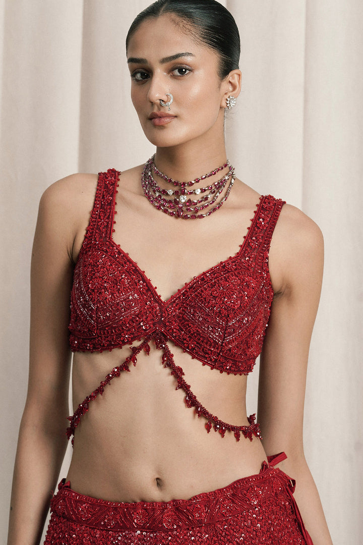 Red Embroidered Net Lehenga With Dupatta