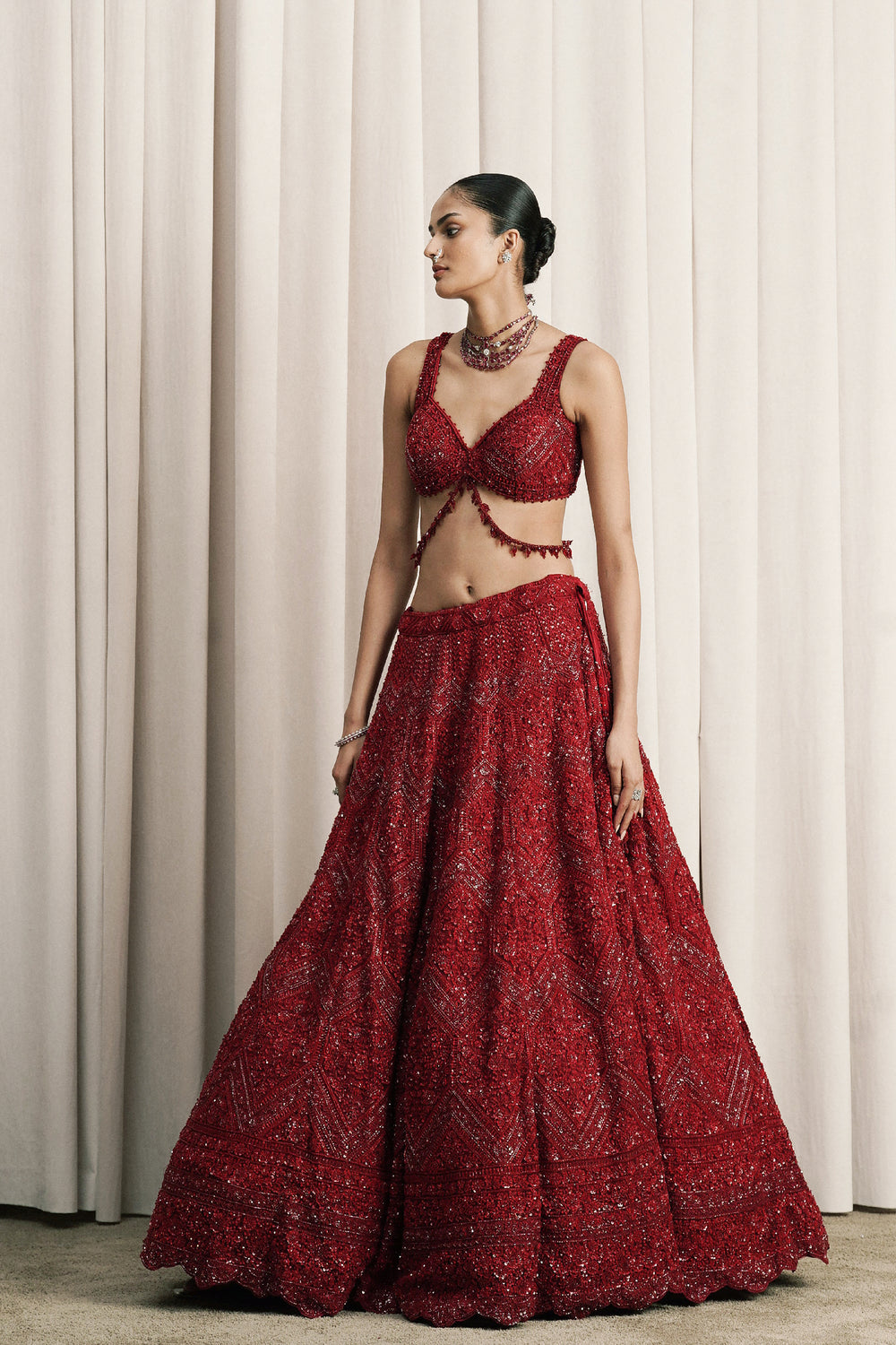 Red Embroidered Net Lehenga With Dupatta