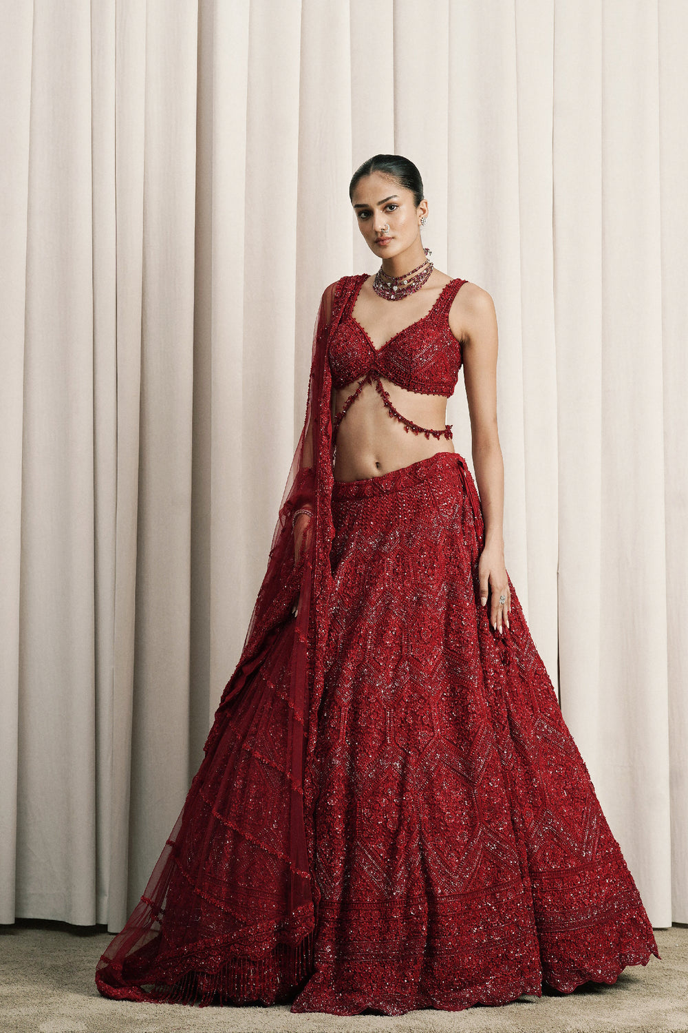 Red Embroidered Net Lehenga With Dupatta