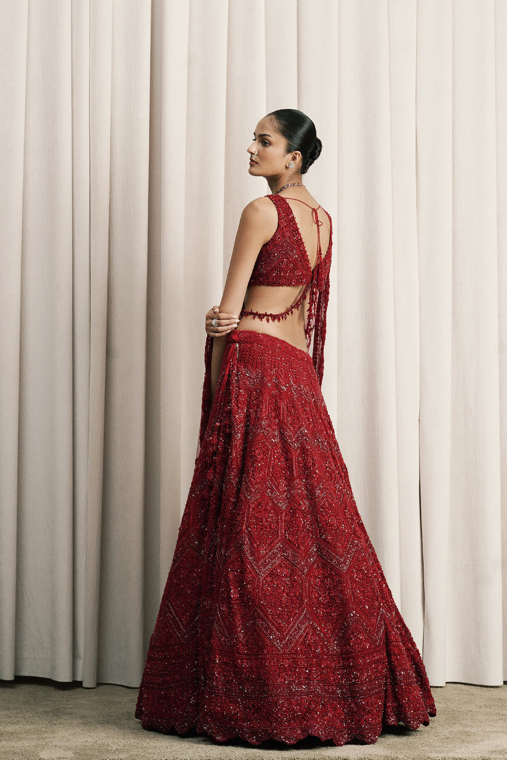 Red Embroidered Net Lehenga With Dupatta