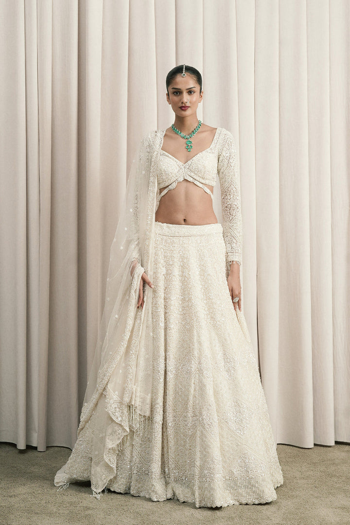 Ivory Chantilly Appliqué Lehenga With Dupatta