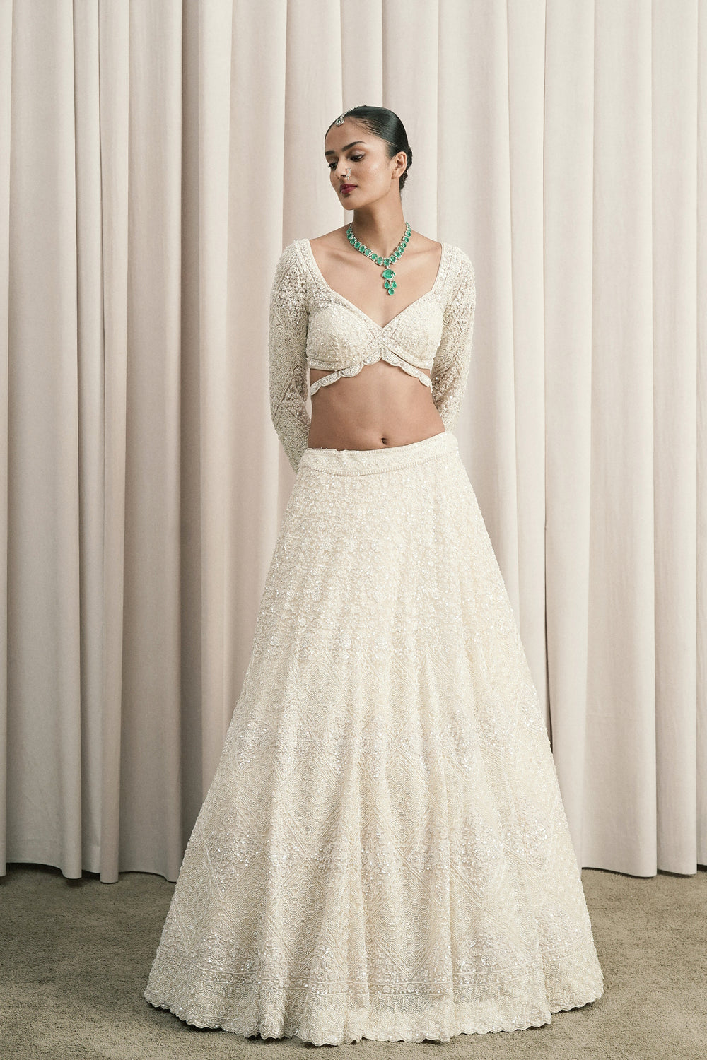 Ivory Chantilly Appliqué Lehenga With Dupatta