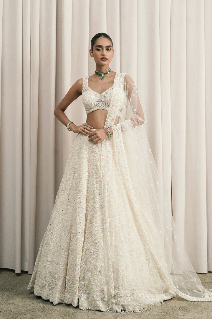 Ivory Geometric Embroidered Lehenga With Dupatta