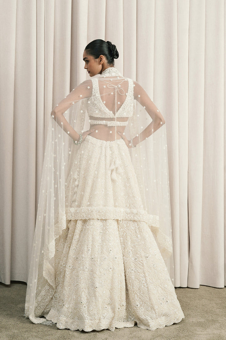 Ivory Geometric Embroidered Lehenga With Dupatta