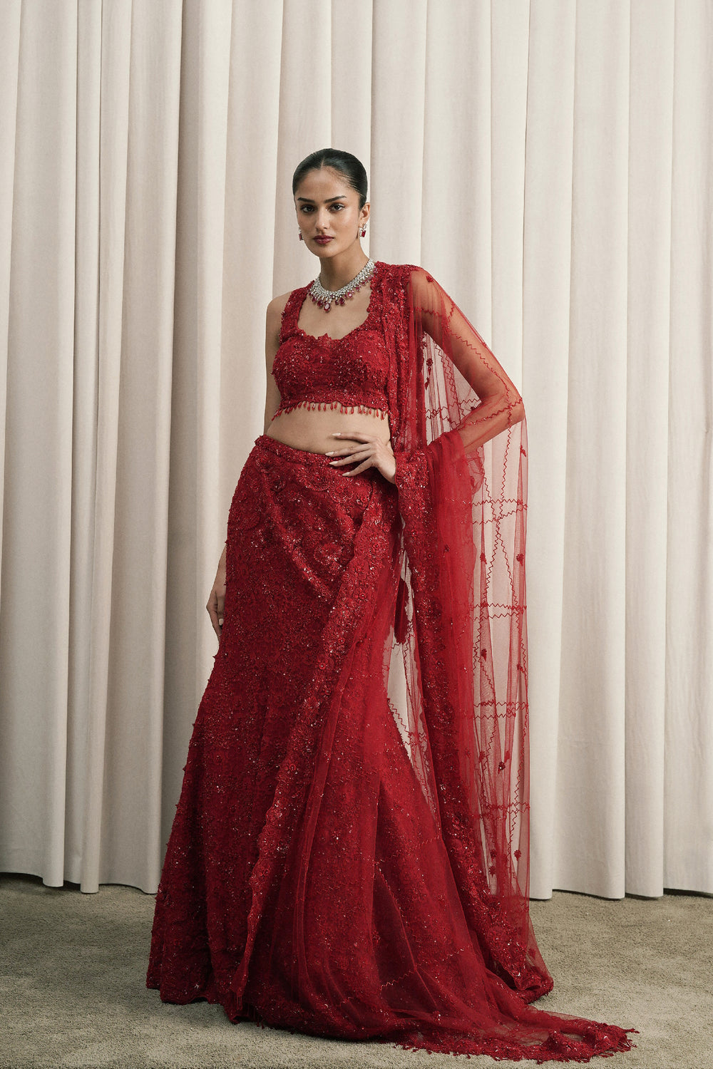 Red Fish-Cut Embroidered Lehenga With Dupatta