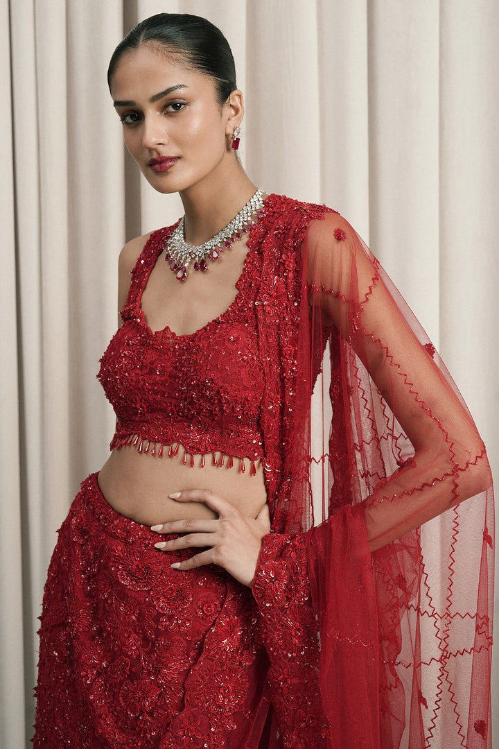 Red Fish-Cut Embroidered Lehenga With Dupatta